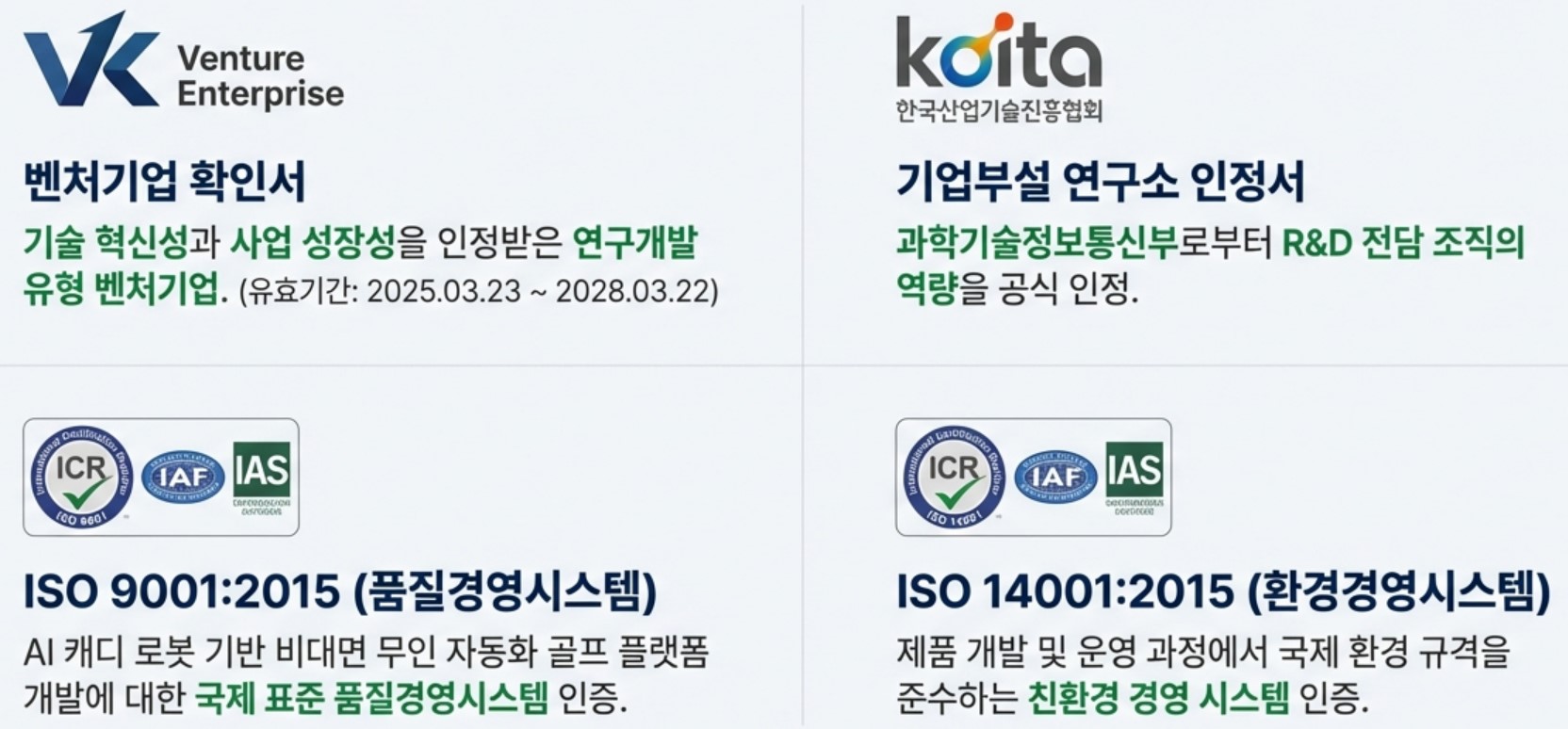 벤처기업 확인서, 기업부설 연구소 인정서, ISO 9001 품질경영시스템 및 ISO 14001 환경경영시스템 인증